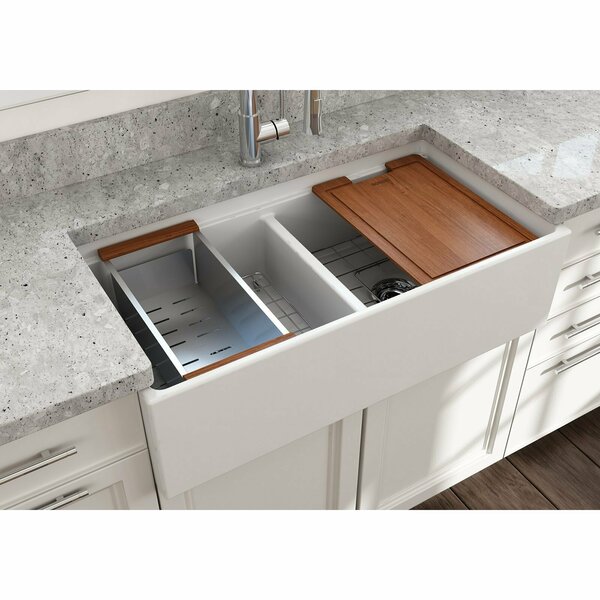 Bocchi Contempo Workstation Apron Front Fireclay 36 in. Double Bowl Kitchen Sink in Matte White 1348-002-0120
